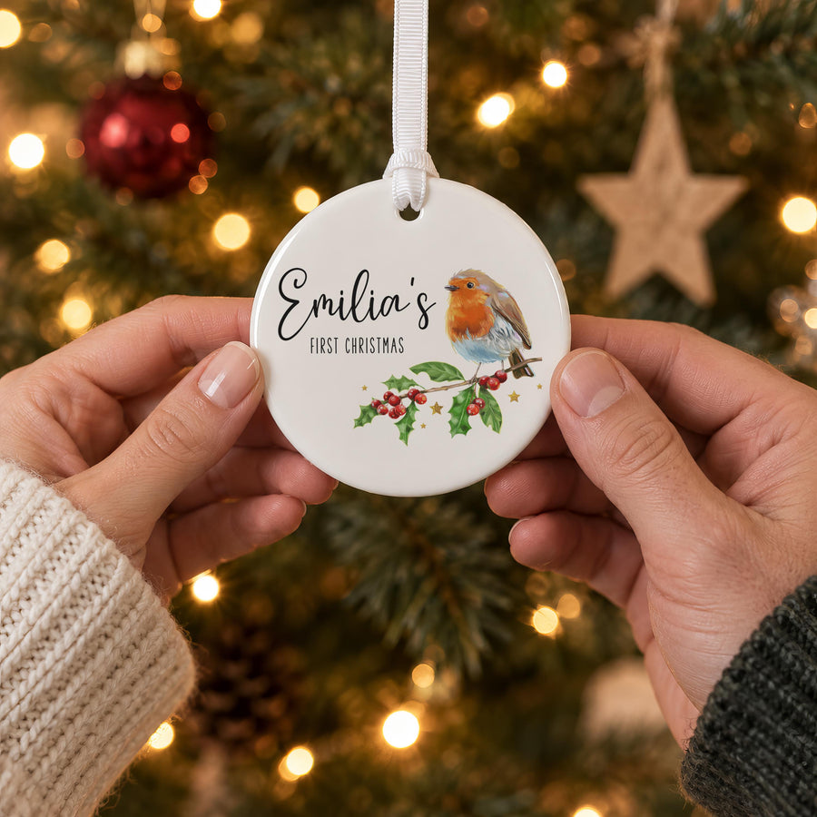Personalised Robin on Holly Ceramic Bauble - photo of the finished product