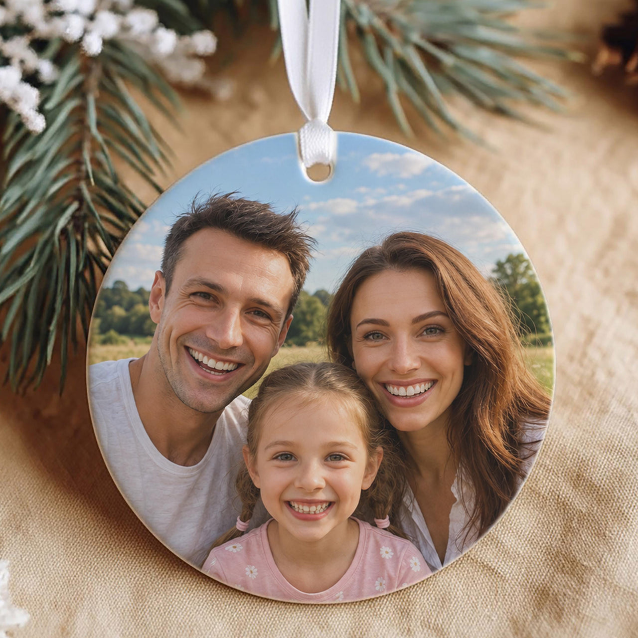 Round white ceramic bauble printed edge to edge with a smiling family photo, hanging from a white ribbon