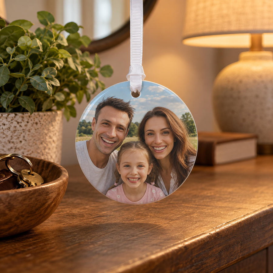 Personalised Christmas Photo Ceramic Bauble - photo of the finished product