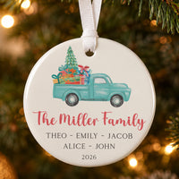 Family Christmas bauble: ceramic ornament with a teal truck carrying a tree and gifts, The Miller Family and five names