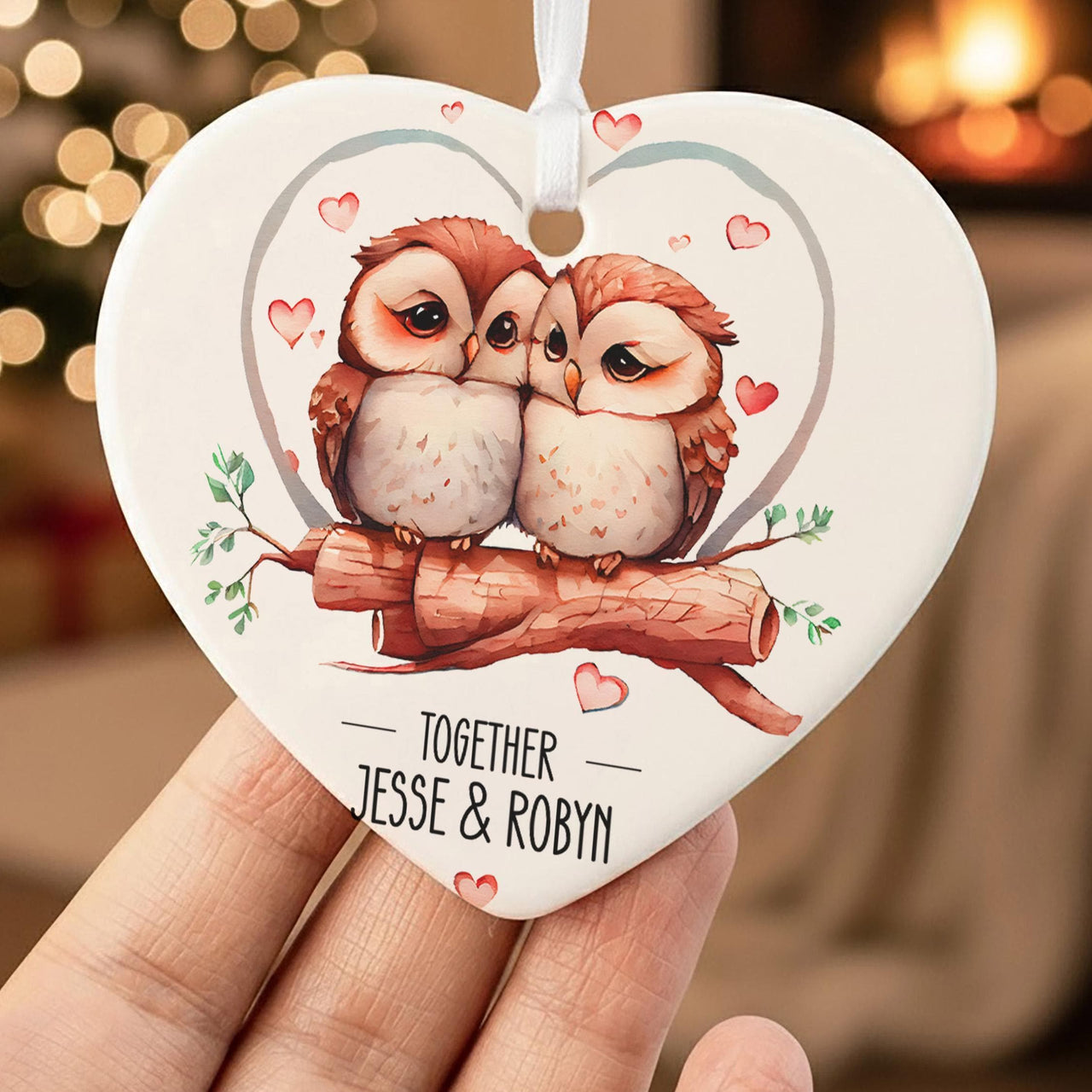 Personalised Owl Pair Ceramic Heart Ornament - lifestyle