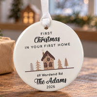 First home ceramic bauble: brown house and trees with First Christmas in Your First Home, 69 Wardend Rd, The Adams 2026