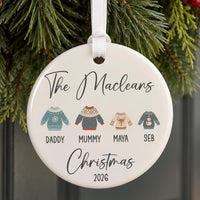 Christmas jumper ceramic bauble: four knitted jumpers named Daddy, Mummy, Maya, Seb, The Macleans Christmas 2026