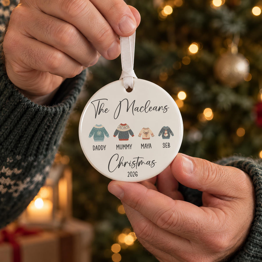 Personalised Christmas Jumper Ceramic Bauble - photo of the finished product