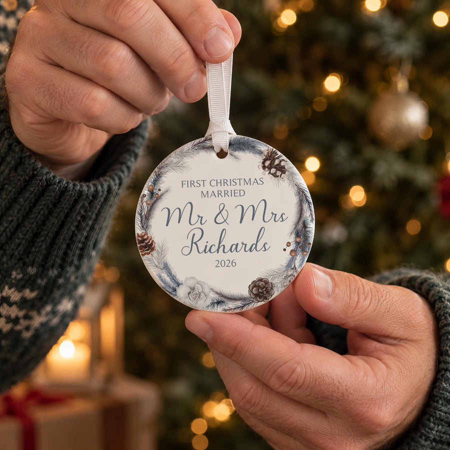 Personalised Mr and Mrs Ceramic Bauble, Name Added - photo of the finished product