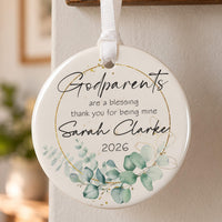 Godparent ceramic bauble: round, eucalyptus leaves and gold ring, Godparents are a blessing verse, Sarah Clarke 2026