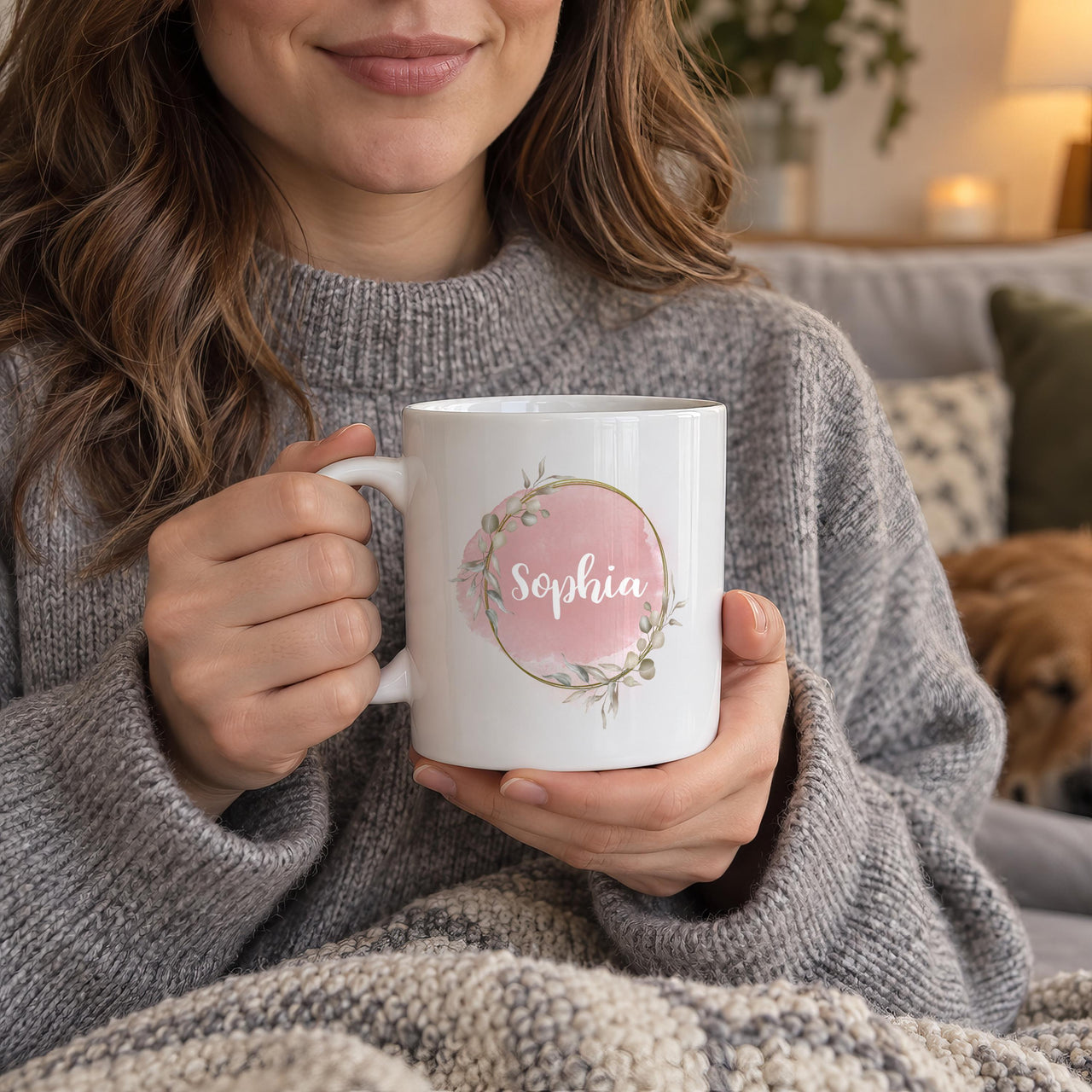 Personalised Blush Wreath Ceramic Mug - lifestyle