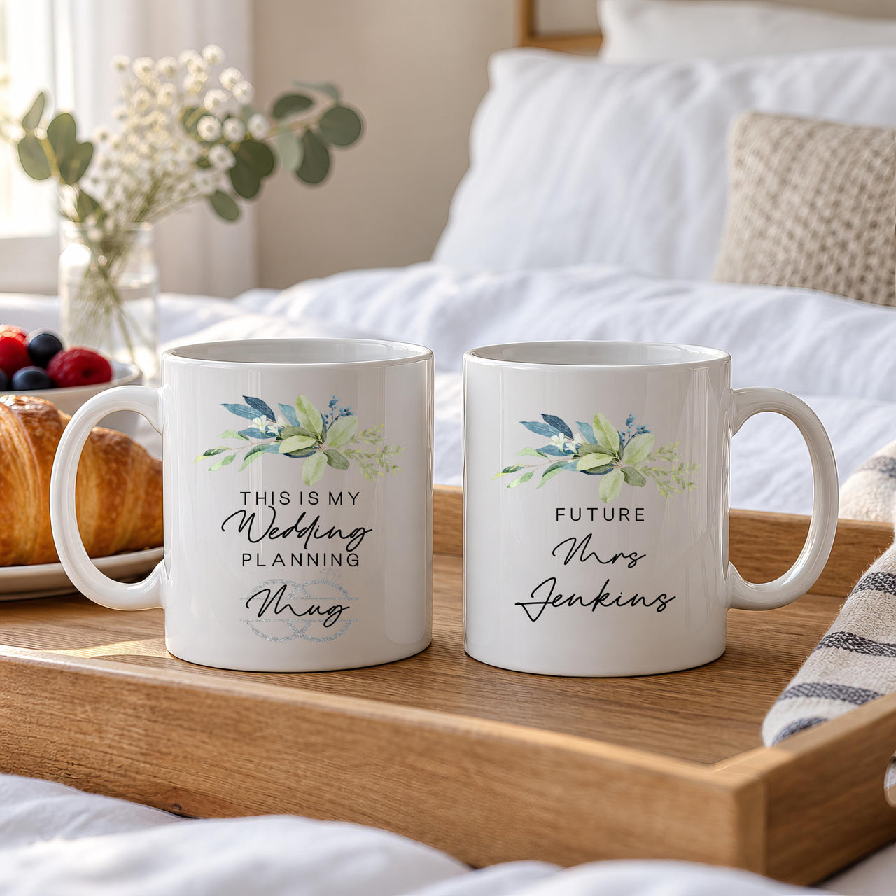 Wedding planning mugs: two white mugs with eucalyptus, This Is My Wedding Planning Mug and Future Mrs Jenkins in script