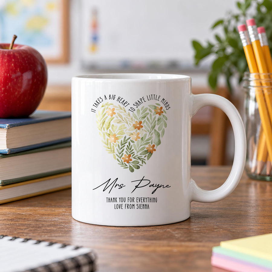 Personalised Leaf Heart Teacher Ceramic Mug - photo of the finished product