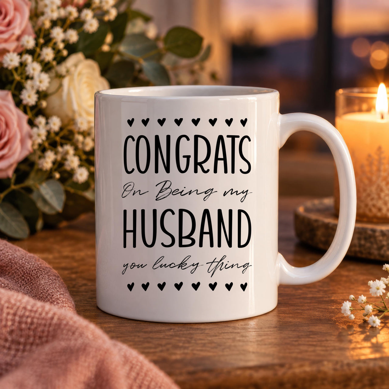 Husband mug: white mug with rows of hearts and Congrats On Being my HUSBAND you lucky thing in black lettering