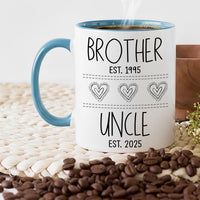 Personalised Brother to Uncle mug: blue-handled mug with BROTHER EST. 1995, three outlined hearts and UNCLE EST. 2025