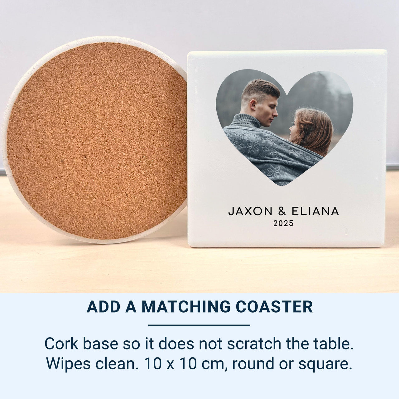 Matching heart photo coaster with a cork back
