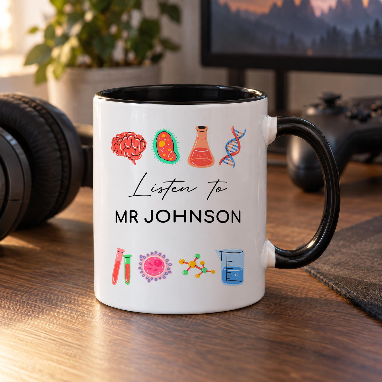 Personalised Science Teacher Ceramic Mug, Brain and DNA Icons - detail 7