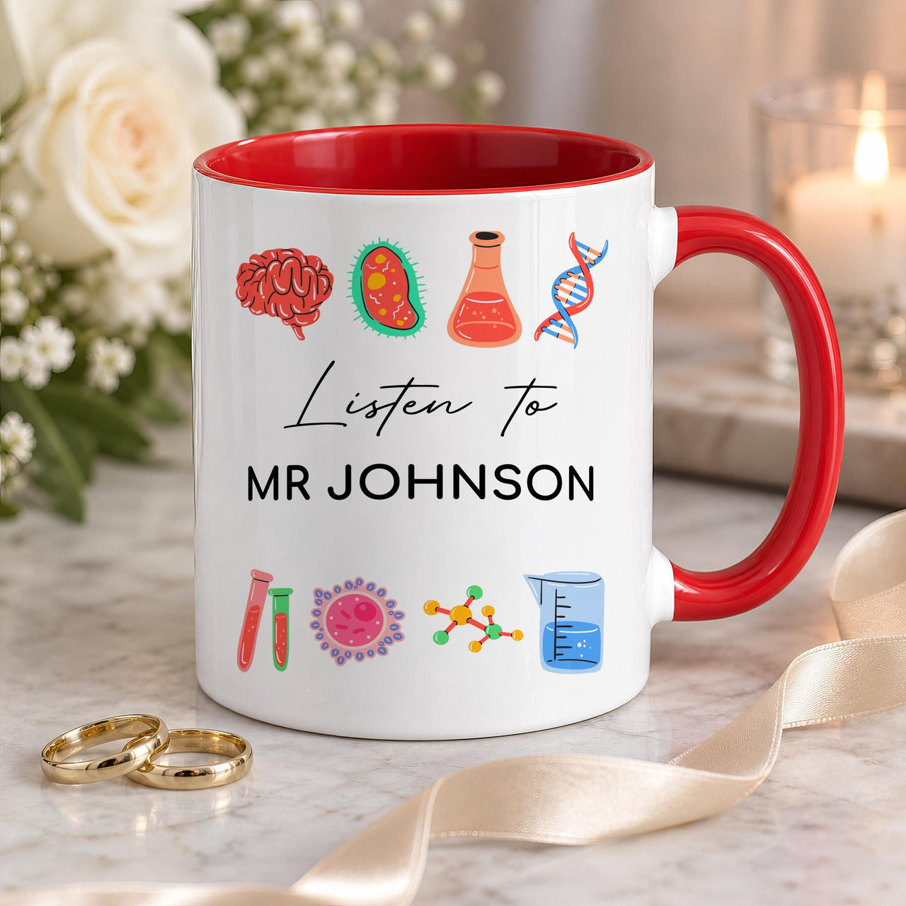 Personalised Science Teacher Ceramic Mug, Brain and DNA Icons - detail 8