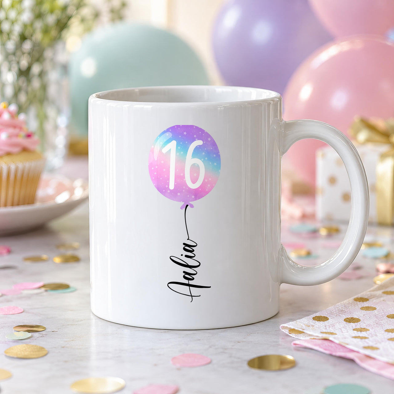 Personalised Number 16 Balloon Ceramic Mug - lifestyle