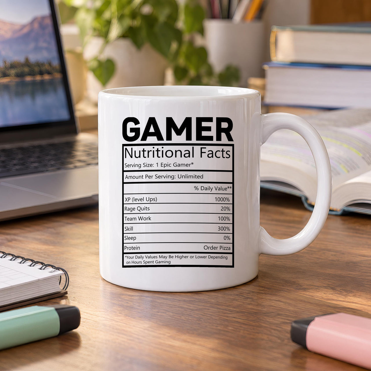 Funny gamer mug: white mug with a GAMER Nutritional Facts label: XP, Rage Quits, Skill, Sleep 0% and Protein: Order Pizza
