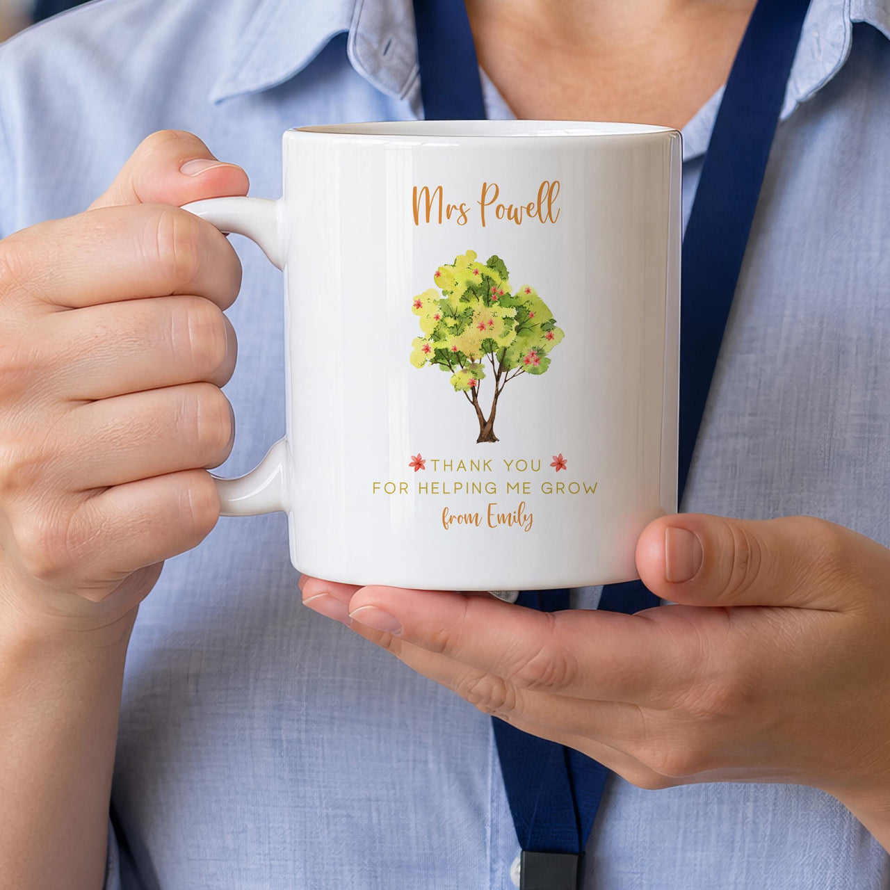 Personalised teacher thank you mug: white mug with a watercolour tree, Mrs Powell and THANK YOU FOR HELPING ME GROW
