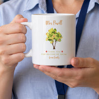 Personalised teacher thank you mug: white mug with a watercolour tree, Mrs Powell and THANK YOU FOR HELPING ME GROW
