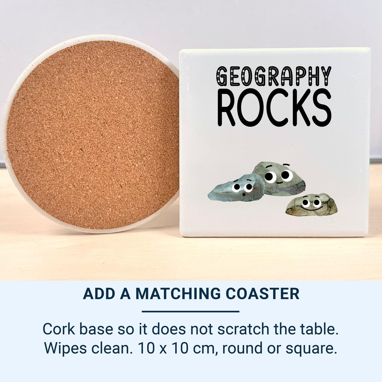 Matching Geography Rocks coaster with a cork back
