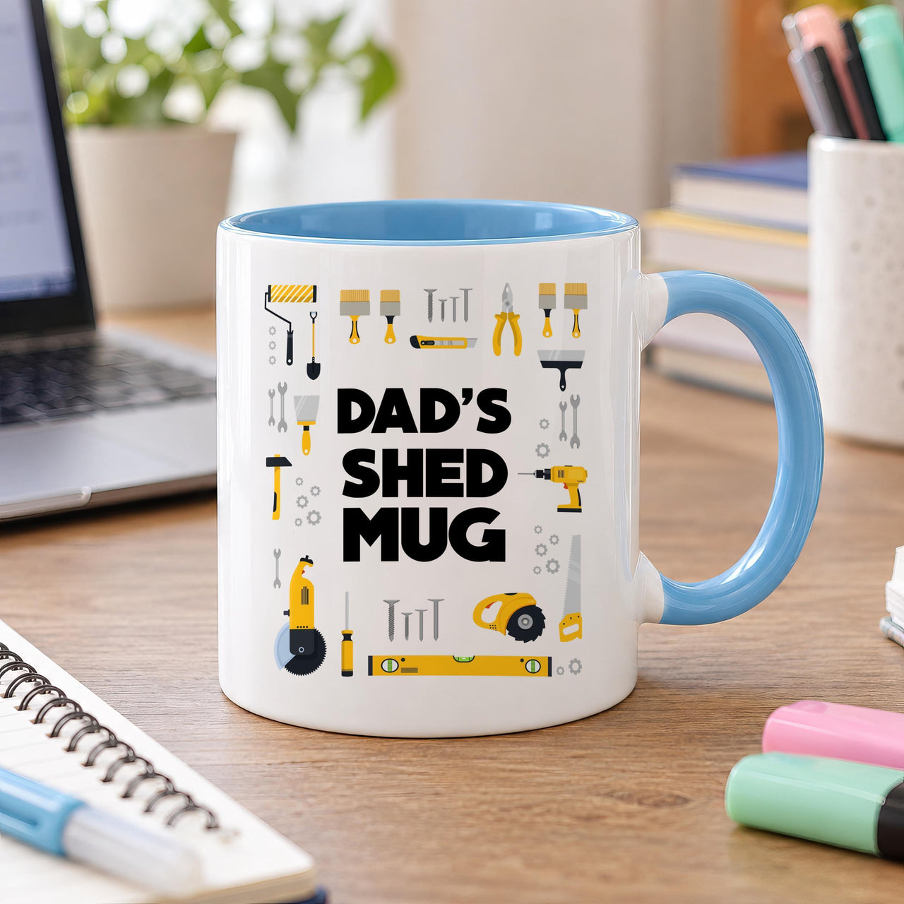 Dad's Shed mug with a light blue inside and handle