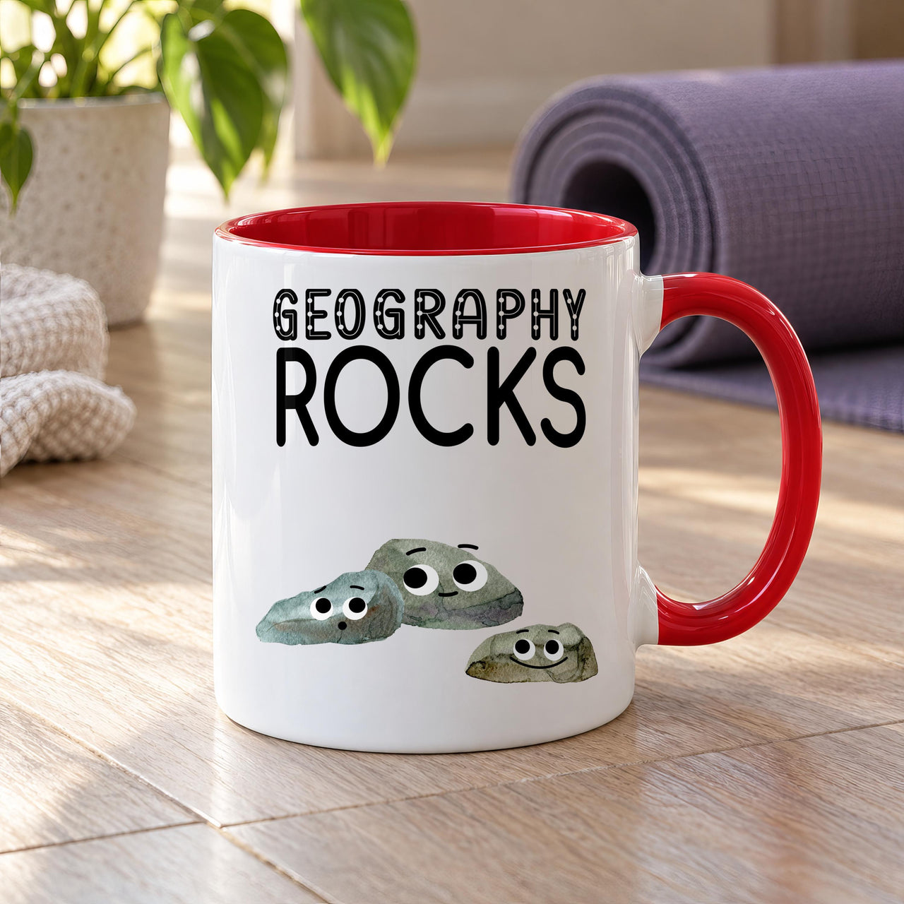 Geography Rocks mug with a red inside and handle