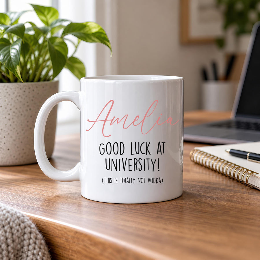 Personalised University Good Luck Message Ceramic Mug - photo of the finished product