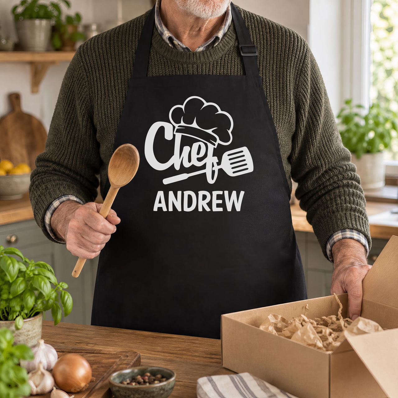 Man in a black apron with white chef hat, spatula and "ANDREW" print, holding a wooden spoon - personalised apron