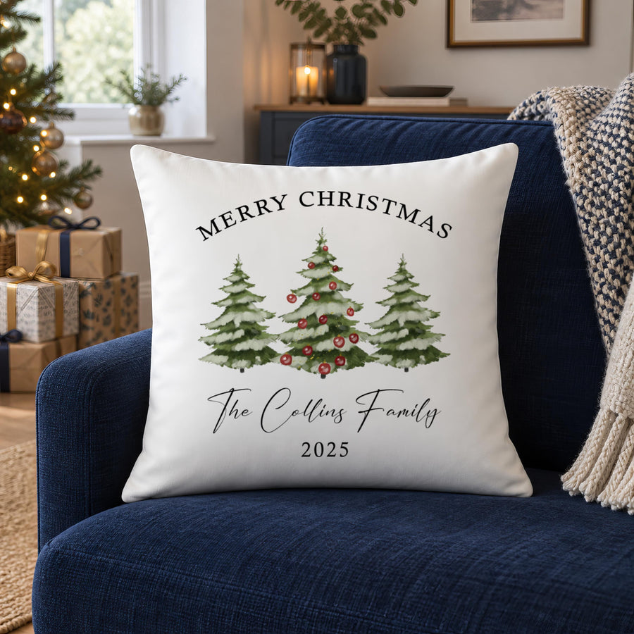Personalised Christmas Tree Cushion, Family Name Added - photo of the finished product