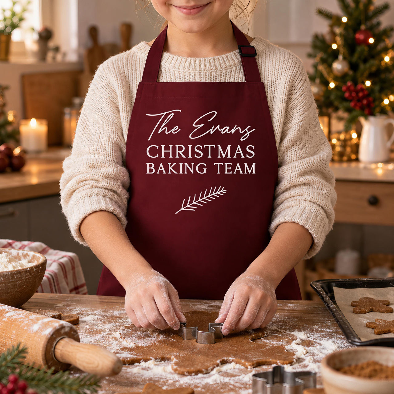 Child in burgundy apron reading 'The Evans CHRISTMAS BAKING TEAM' cutting gingerbread - personalised apron