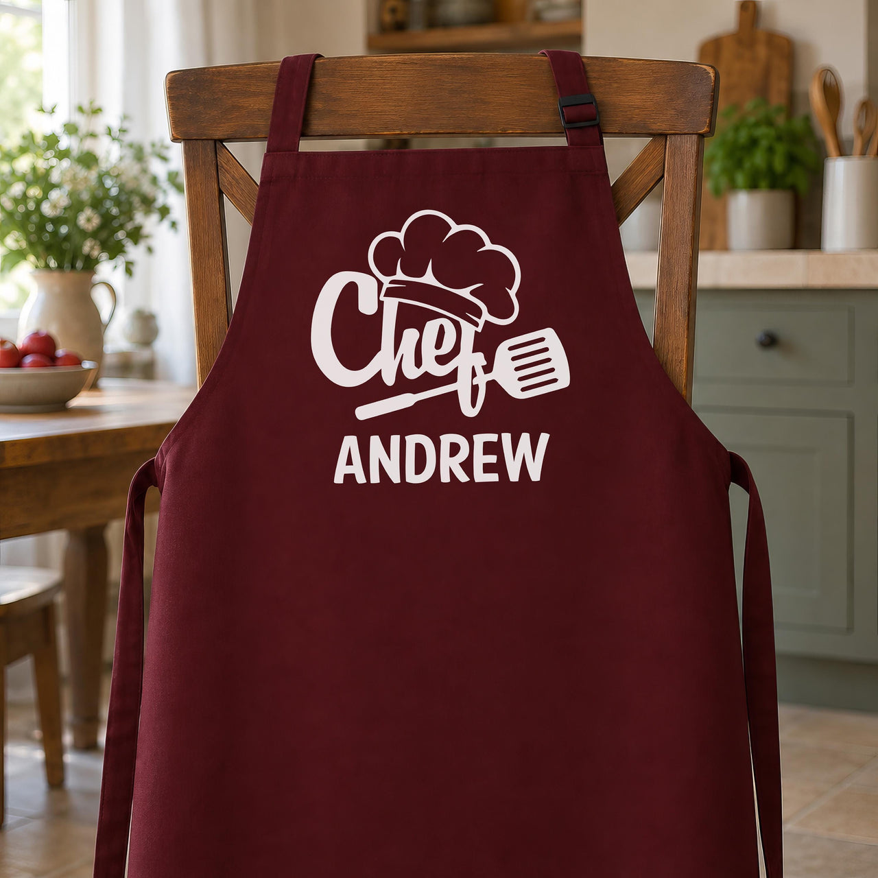 Burgundy apron with white chef hat and spatula print and the name "ANDREW", hung on a wooden chair - personalised apron
