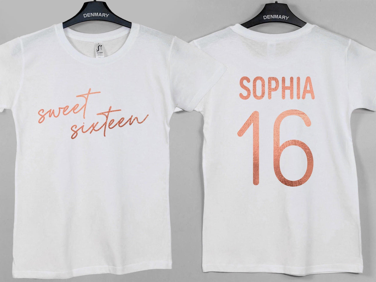 Front and back of white T-shirts with rose gold 'sweet sixteen' and 'SOPHIA 16' lettering - personalised T-shirt