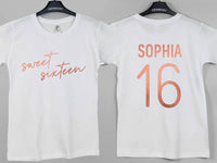 Front and back of white T-shirts with rose gold 'sweet sixteen' and 'SOPHIA 16' lettering - personalised T-shirt