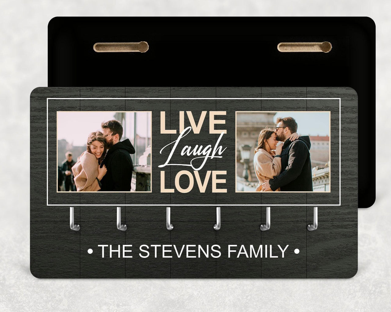 Dark wood-effect key holder with two couple photos, "Live Laugh Love" and "The Stevens Family" - personalised key holder