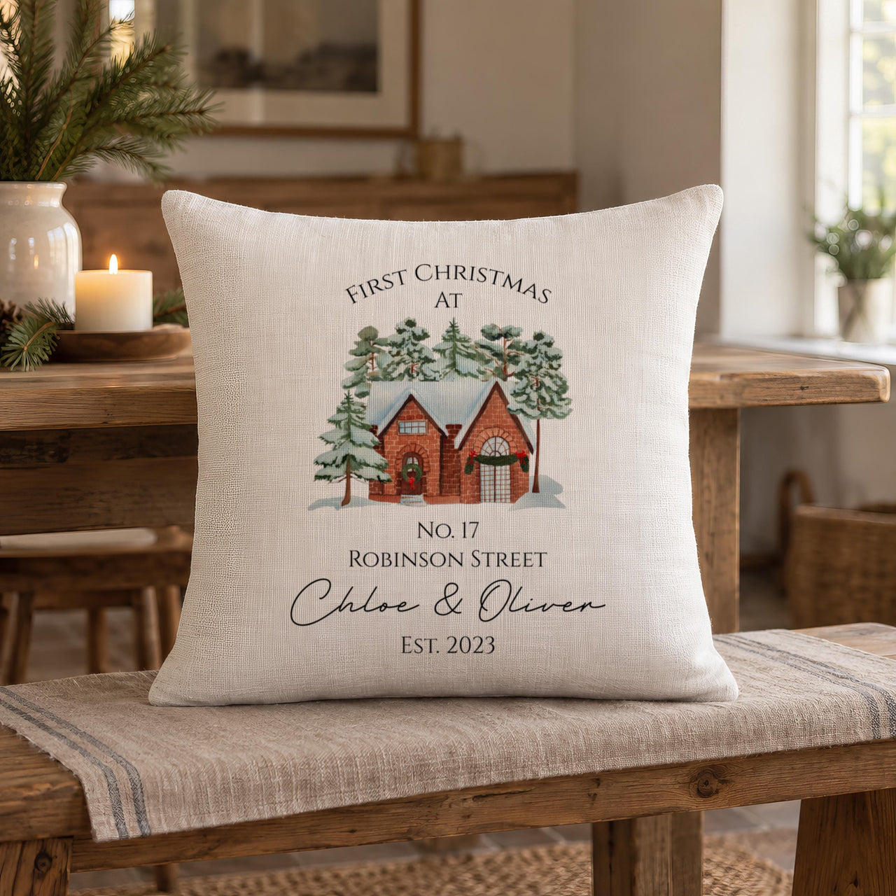 Linen-look cushion, snowy house, 'First Christmas At', 'No. 17 Robinson Street', 'Chloe & Oliver' - personalised cushion