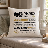 Cream cushion on a window seat with '40 Years This Is' months, days and hours print in black and gold - personalised cushion