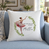 Personalised ballet cushion with the name Millie on a pale blue sofa