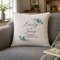 Textured cream cushion with eucalyptus and 