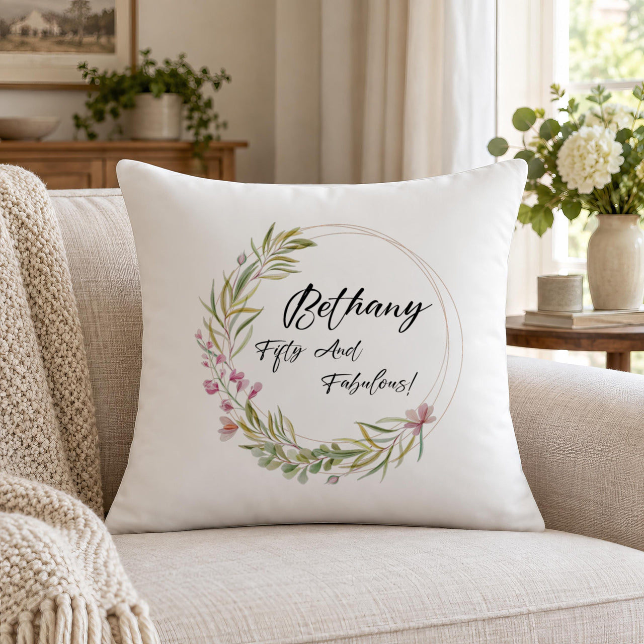 Personalised Floral Wreath 50th Cushion