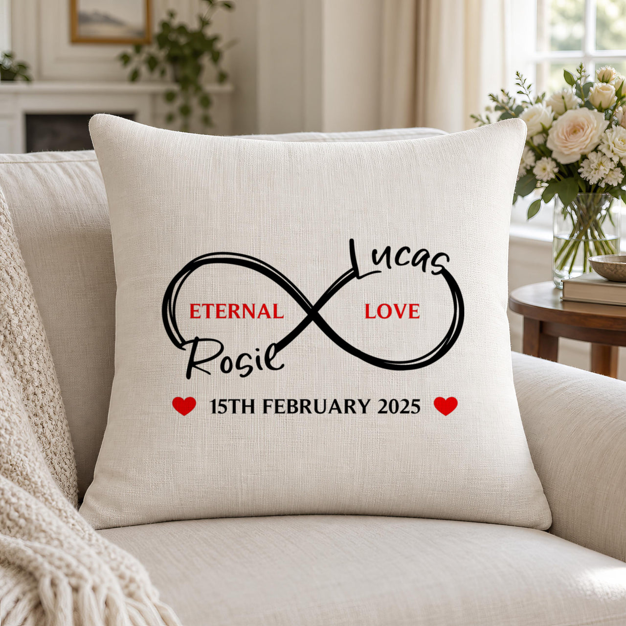 Linen-look cushion on a sofa with an infinity loop, names Rosie and Lucas and "Eternal Love" - personalised cushion cover
