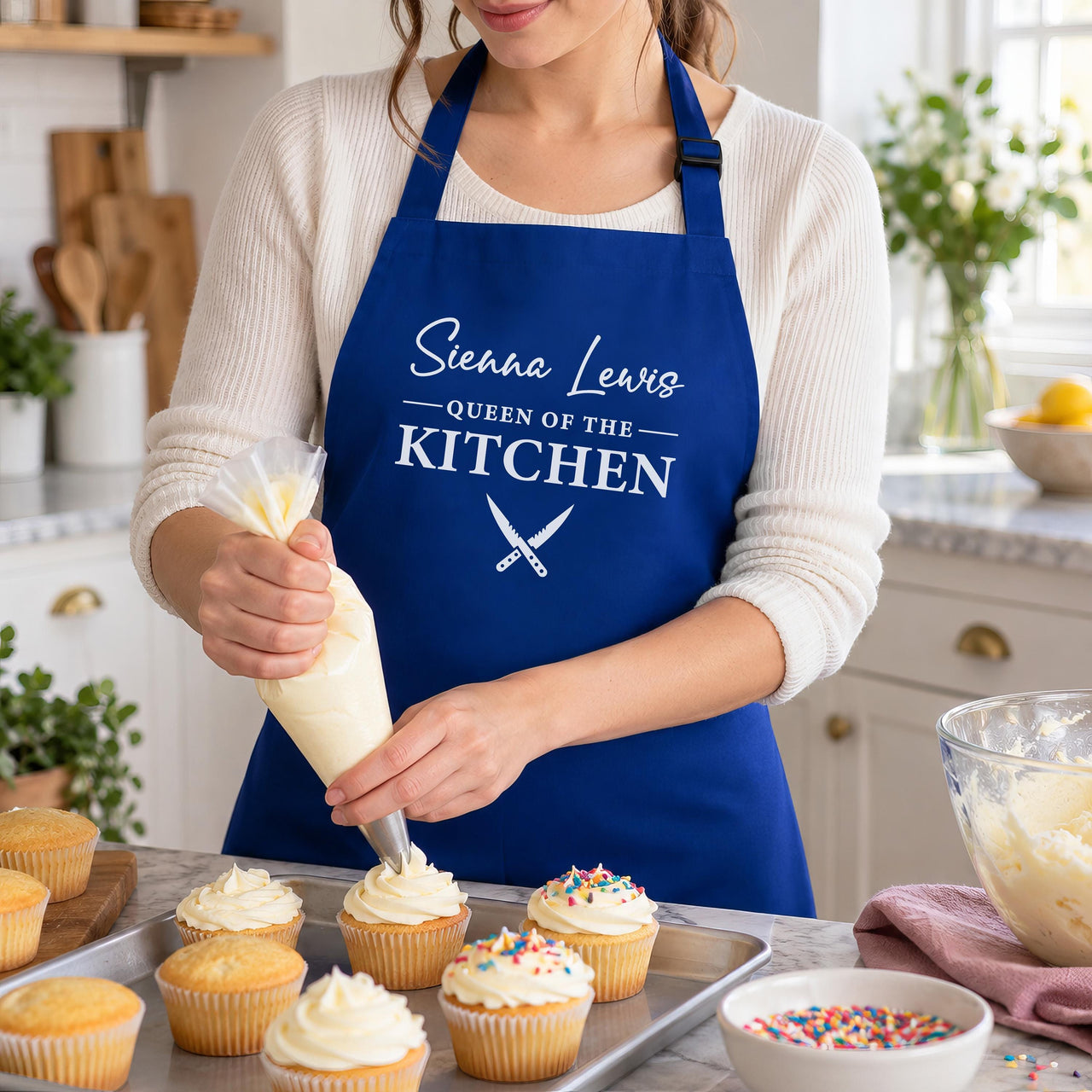 Blue Queen of the Kitchen apron with a name in white print, worn while icing cupcakes
