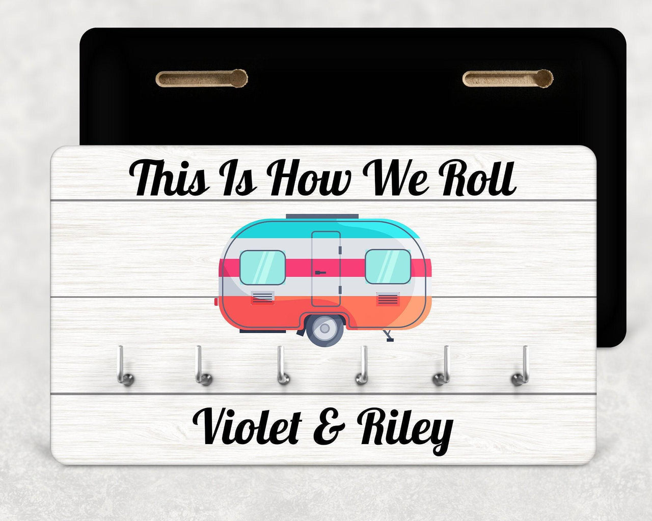 White wood-effect key holder with six hooks, caravan and 'Violet & Riley' - personalised key holder