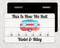 White wood-effect key holder with six hooks, caravan and 'Violet & Riley' - personalised key holder