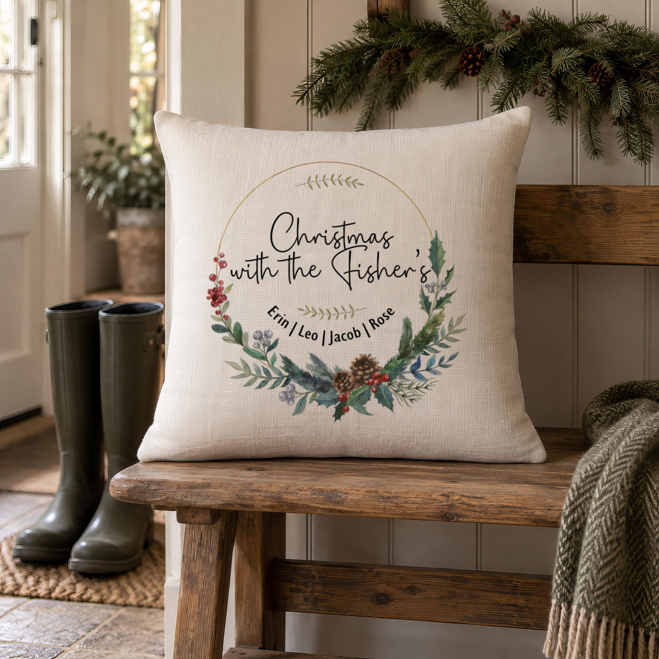 Personalised Christmas Wreath Cushion