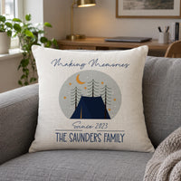 Linen cushion on a grey sofa with tent under the moon, 'Making Memories' and 'THE SAUNDERS FAMILY' - personalised cushion