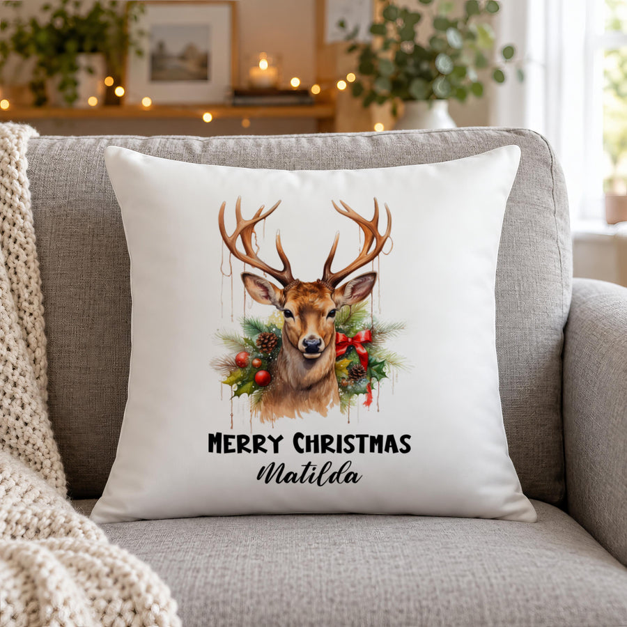 Personalised Merry Christmas Reindeer Wreath Cushion - photo of the finished product