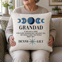 Linen-look cushion with blue moon phases, 'GRANDAD', star verse and 'DENNY' 'LILY', held on lap - personalised cushion