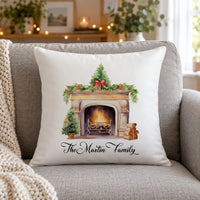 White cushion with watercolour Christmas fireplace and 'The Martin Family' on a grey sofa - personalised cushion