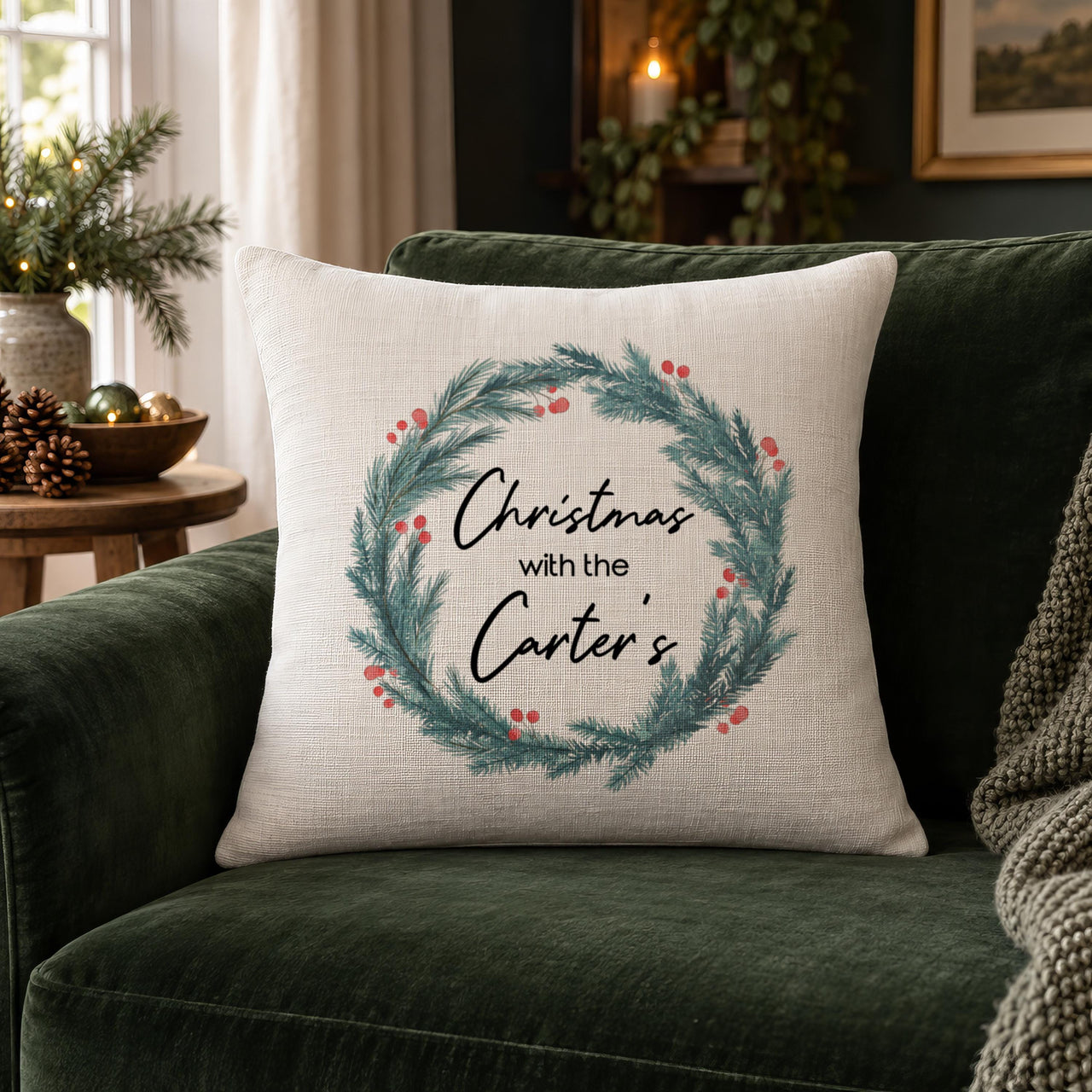 Personalised Pine Wreath Cushion