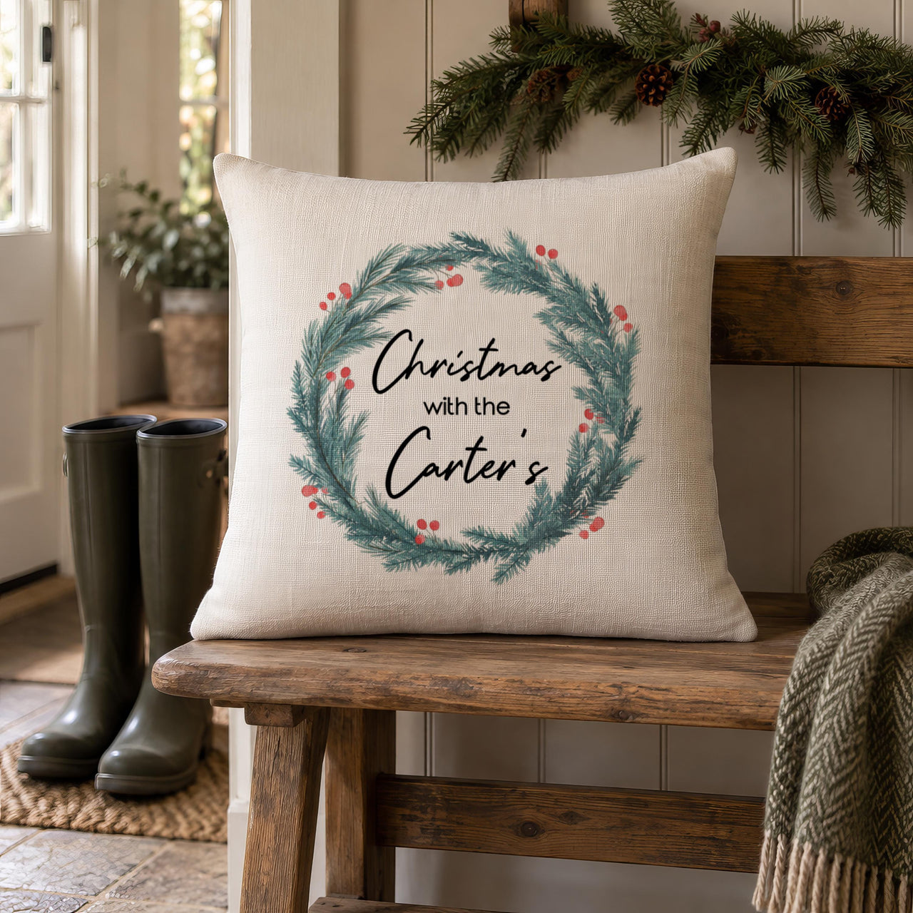 Personalised Pine Wreath Cushion