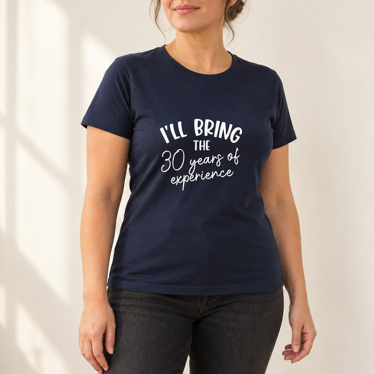 Navy T-shirt with the I'll Bring the Experience design printed on the chest